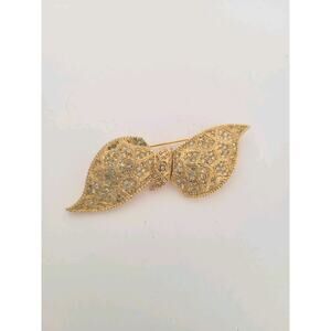 Vintage D'ORLAN Rhinestone Bow Brooch Pin 3" Gold Tone